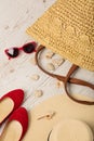 Summer fashion set. Women`s hat, bag, shoes ballerinas and sun Royalty Free Stock Photo