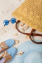 Summer fashion set. Women`s hat, bag, shoes and sunglasses. Royalty Free Stock Photo