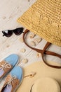 Summer fashion set. Women`s hat, bag, shoes and sunglasses. Royalty Free Stock Photo