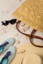 Summer fashion set. Women`s hat, bag, shoes and sunglasses. Royalty Free Stock Photo