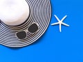Summer Fashion woman big hat and accessories in the beach. Tropical sea.Unusual top view, colorfull background. Royalty Free Stock Photo