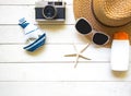 Summer Fashion woman big hat and accessories in the beach. Tropical sea.Unusual top view, white background. Royalty Free Stock Photo