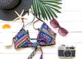 Summer Fashion woman big hat and accessories, vintage camera and sunglasses go to travel in the beach. Tropical sea.Unusual top vi Royalty Free Stock Photo