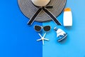 Summer Fashion woman big hat and sunglasses go to travel in the beach. Tropical sea.Unusual top view, background. Royalty Free Stock Photo