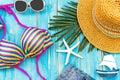 Summer Fashion woman swimsuit Bikini. Tropical sea.Unusual top view, colorful background. Royalty Free Stock Photo