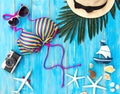 Summer Fashion woman swimsuit Bikini. Tropical sea.Unusual top view, colorful background Royalty Free Stock Photo