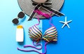 Summer Fashion woman swimsuit Bikini. Tropical sea.Unusual top view, colorful background. Royalty Free Stock Photo