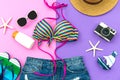Summer Fashion woman swimsuit Bikini. Tropical sea.Unusual top view, colorful background. Royalty Free Stock Photo