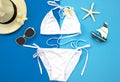 Summer Fashion woman swimsuit Bikini. Tropical sea.Unusual top view, colorful background. Royalty Free Stock Photo