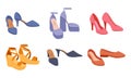 Summer female footwear. Cartoon modern shoes, heels, platform shoes and flats. Fashion shoes flat vector illustration set Royalty Free Stock Photo