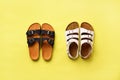 Summer female shoes - sandals birkenstock and slippers on yellow background with copy space. Top view. Minimal flat