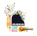 Summer fest, concept of live music festival, jazz and rock, food street fair, event poster and banner colorful vector