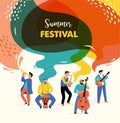 Summer fest, concept of live music festival, jazz and rock, food street fair, event poster and banner colorful vector