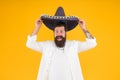 Summer festival. National holidays. Mexican hat sombrero. Guy happy festive outfit. Spanish costume. Mexican celebration Royalty Free Stock Photo