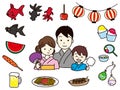 Summer festival vector illustration set. Happy family enjoying the festival