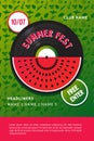 Summer festival vector poster. Watermelon and vinyl record. Music party background. Club party invitation.