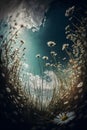 Summer field with different grass and daisy flowers over blue sky. Royalty Free Stock Photo