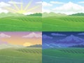 Summer field. Green hill, daytime fields landscape and spring hills cartoon vector illustration background