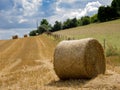 Summer Field with Hay Bales. under storm clouds.Agriculture Concept