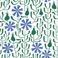 Summer field herb foliage seamless pattern. Simple leaves, bluets vector background.