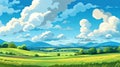 Summer fields, hills landscape, green grass, blue sky with clouds, flat style cartoon painting illustration, background Royalty Free Stock Photo