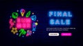 Summer final sale neon landing page. Circle layout with season vacation icons. Special offer flyer. Vector illustration