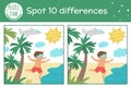 Summer find differences game for children. Beach holiday preschool activity with boy running to the sea. Printable worksheet with