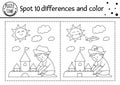Summer find differences game for children with cute kid building sandcastle. Beach holidays black and white activity and coloring