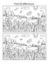 Summer find 10 differences picture puzzle and coloring page with grass, mushrooms, butterflies and wildflowers. Black and white.