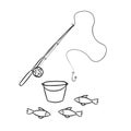 Fishing rod and bucket with fish.A simple sketch drawn by hand.Summer vector illustration in Doodle  style. Royalty Free Stock Photo