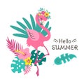 Summer flamingo. Beautiful summer t-shirt art print. Apparel graphic design, tropical pink bird and exotic palm leaves Royalty Free Stock Photo