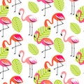 Summer flamingo and leaves seamless pattern.