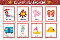 Summer flashcards collection for kids. Flash cards set with cute characters Royalty Free Stock Photo