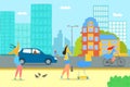 Summer at flat city street, vector illustration. Man woman people character at urban outdoor road, walk in park design Royalty Free Stock Photo