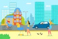 Summer at flat city street, vector illustration. Man woman people character at urban outdoor road, walk in park design