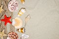 Summer flat composition with seashells, rope, sand beach and space for text on sandy background Royalty Free Stock Photo