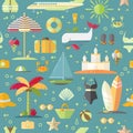 Summer flat seamless pattern with holyday and summer seasonal elements - palm, case, airplan, sun, sand and other. Flat