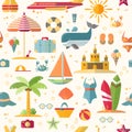 Summer flat seamless pattern with holyday and summer seasonal elements - palm, case, airplan, sun, sand and other. Flat