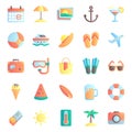 Summer flat icons. Summertime vacation, beach umbrella and sunglasses. Hot sun icon vector illustration set Royalty Free Stock Photo