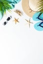 Summer flat lay background on white. Royalty Free Stock Photo