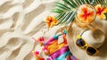 Summer flat lay featuring sunglasses, a straw hat, a colorful beach towel, and a tropical cocktail on a sandy background Royalty Free Stock Photo