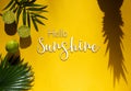 Summer Flat Lay, Tropical Fruits, Text Hello Sunshine