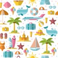 Summer flat seamless pattern with holyday and summer seasonal elements - palm, case, airplan, sun, sand and other. Flat