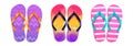 Summer flip flop vector set. Slipper footwear elements with stripes and leaves in colorful design. Royalty Free Stock Photo