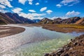 Summer flood of meltwater flooded the road to tourist camping