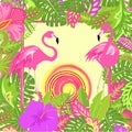 Summery floral background with tropical leaves, pair of lovely pink flamingo, hot sun and exotic flowers for Tshirt, summer party Royalty Free Stock Photo