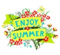 Summer floral banner. Enjoy summer lettering. Cute ribbon with c