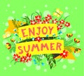 Summer floral banner. Enjoy summer lettering. Cute ribbon with c