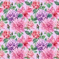 Summer floral. Blooming hydrangea, roses, dahlia, watercolor botanical illustration. Seamless pattern digital paper