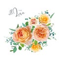 Summer floral bouquet with peach, orange, yellow garden rose flowers, carnation, green baby breath eucalyptus leaves. Watercolor Royalty Free Stock Photo